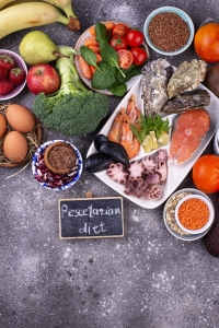 Pescetarian diet with seafood, fruit and vegetables