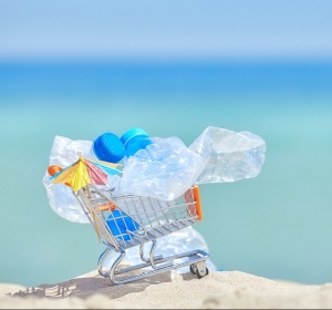 Miniature shopping cart with empty plastic bottles.