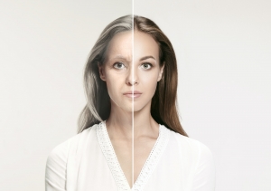 Comparison. Portrait of beautiful woman with problem and clean skin